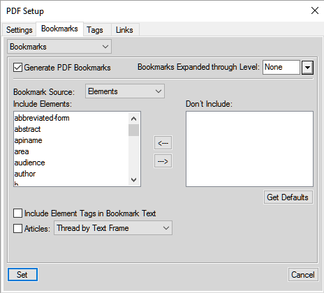 Customizing PDF bookmarks in Bookmarks tab of the PDF Setupdialog