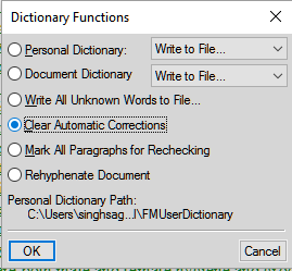Dictionary Functions dialog in FrameMaker