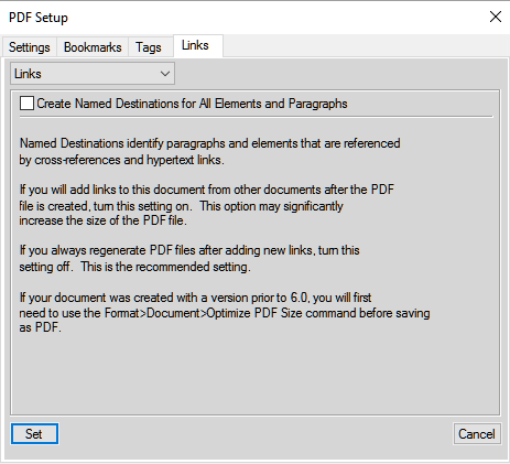 Adding links from other documents in the PDF using the PDFSetupdialog