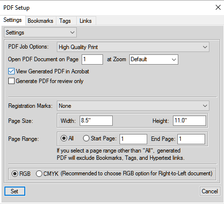Updating general settings in the PDF Setup dialog