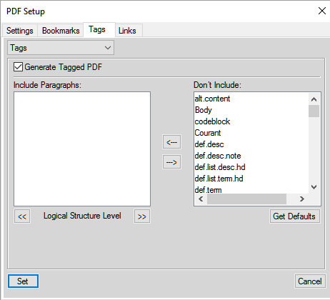 Creatingatagged PDF tab using the PDF Setup dialog