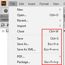 FrameMaker	commandshortcutsinthe main menu