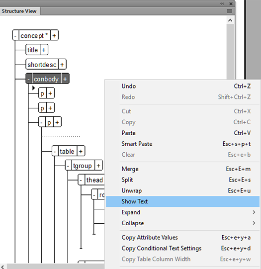 Show/hide	contentinFrameMakerstructured view