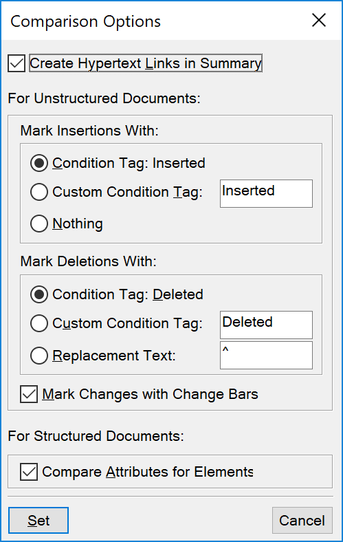 Comparison options dialog in FrameMaker