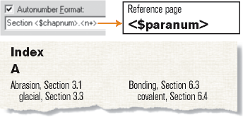 Building block for paragraph autonumbering using“Section” text and section numbers, and resulting index