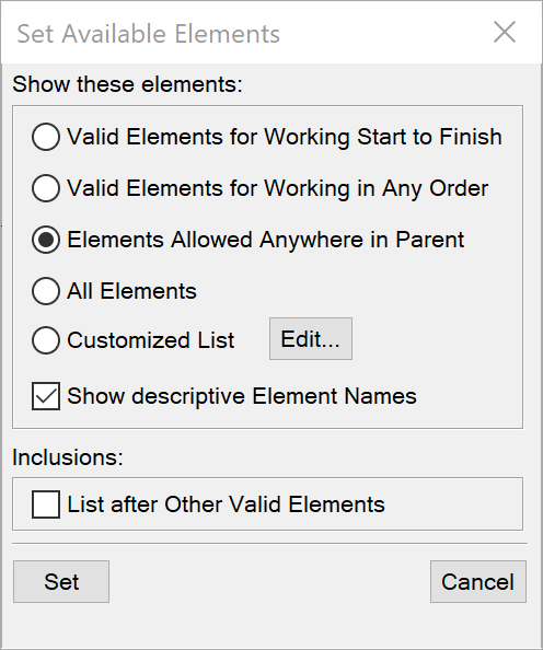 SetAvailable Elements dialog