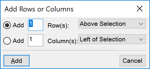 Add Rows or Columns dialog