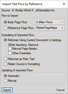 Import Text Flow By Reference dialog box in FrameMaker
