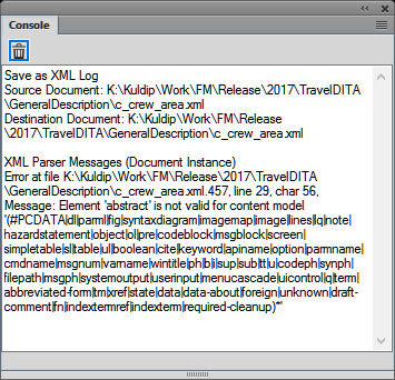 FrameMaker error console displaying structuraland other issues in a document