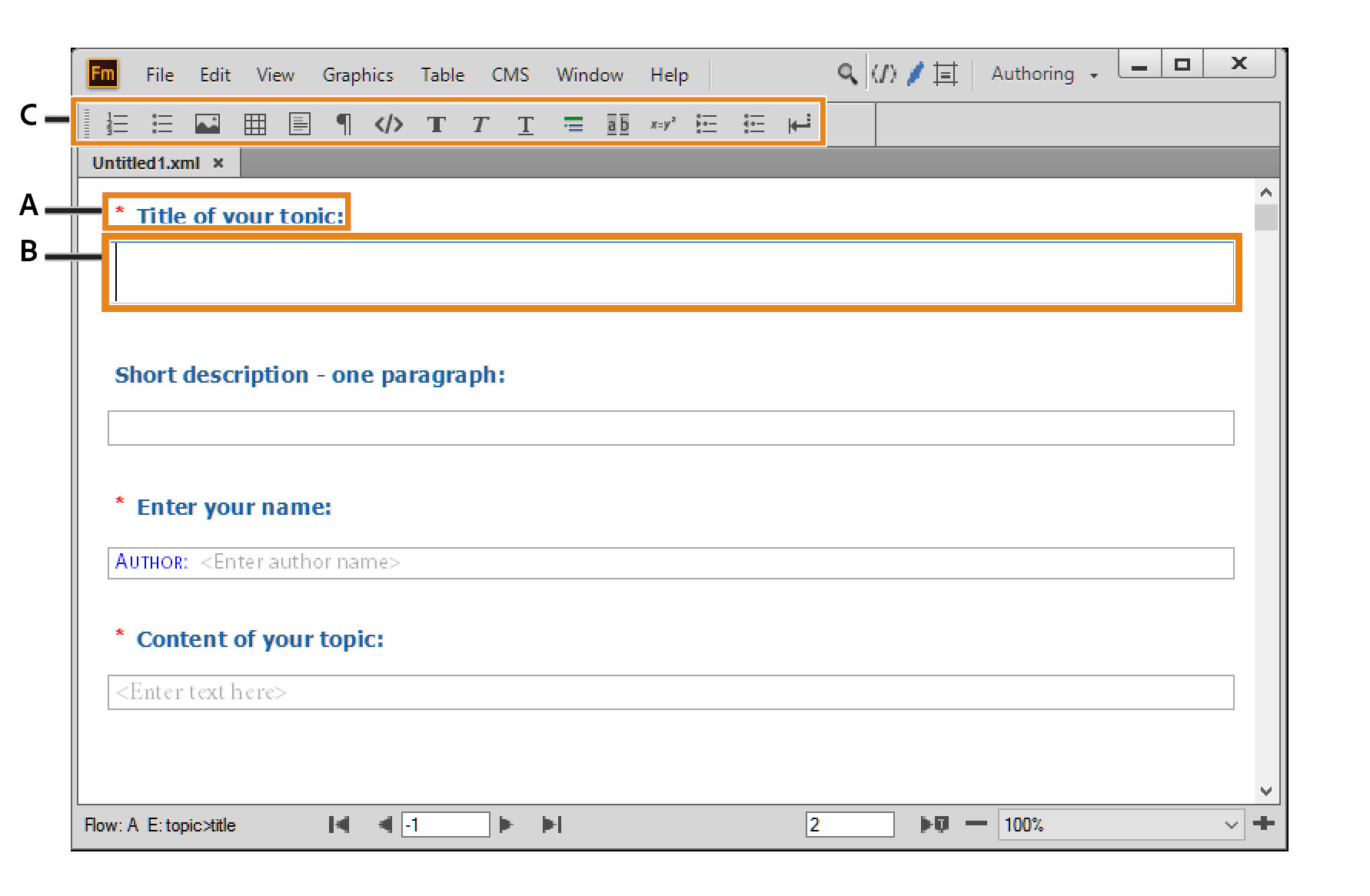 DITA1.3 topic in the Simplified XML view of FrameMaker