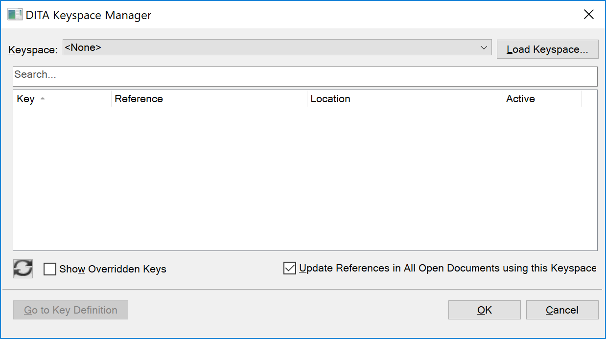 Manage key spaces using the DITA Keyspace Manager dialog