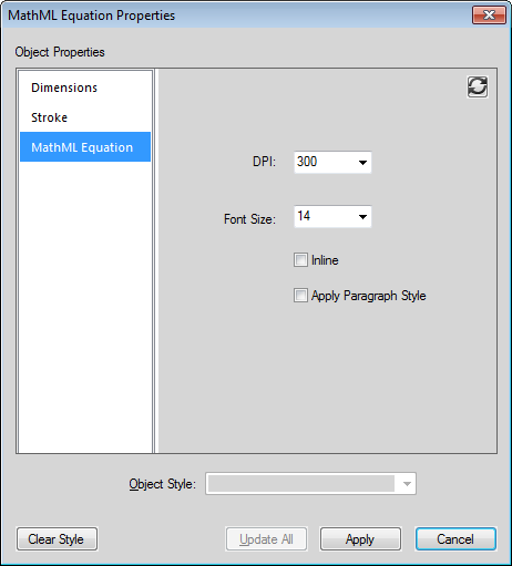 Formatting aMathML equation in MathML Equation Properties dialog