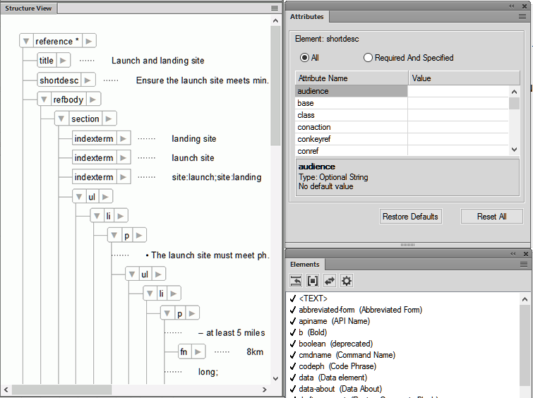 StructureView, Elements, andAttributes pods in Structured FrameMaker authoring interface