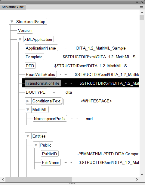Locating the Transformation File element and specifying the path and name of the transformations file in the Structure View