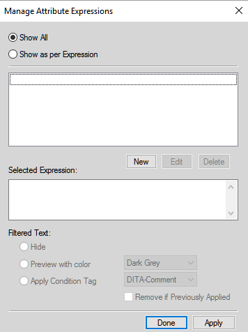 Manage Attribute Expressions dialog in FrameMaker