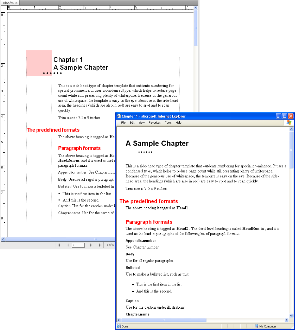 Sample from one of the supplied FrameMaker chapter templates before and after HTML conversion.