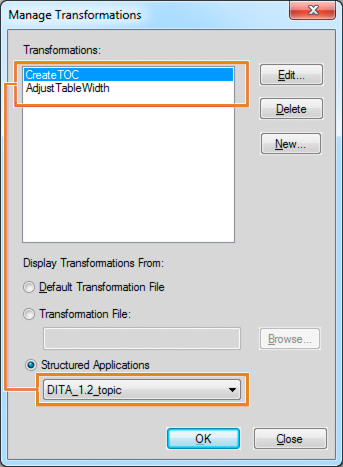 Application-specific transformation in the Manage Transformation dialog