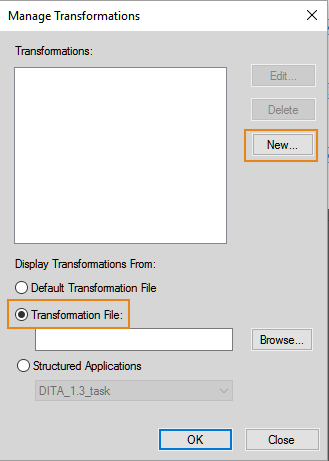 Manage Transformation dialog in the XML View of FrameMaker