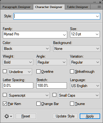 Create and manage character formats using Character Designer