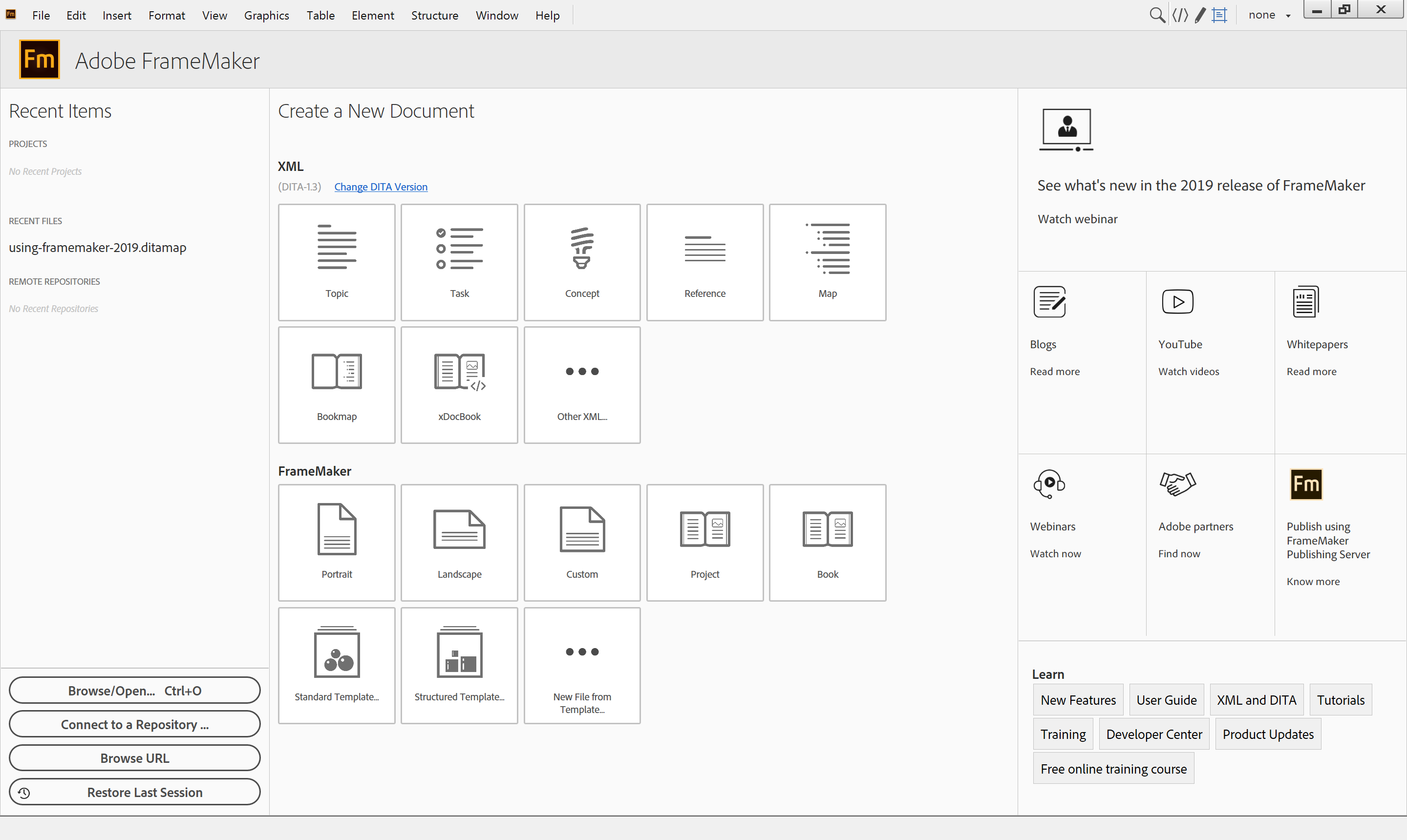 Welcomescreenin FrameMaker structured authoring mode