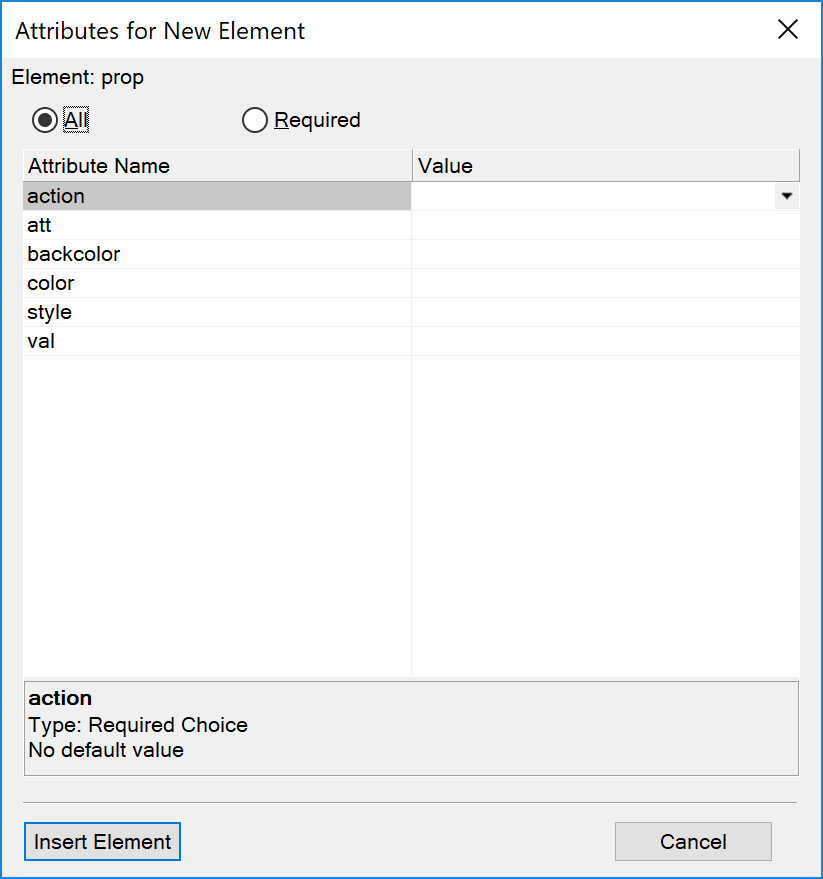 Attributes forNew Element dialog