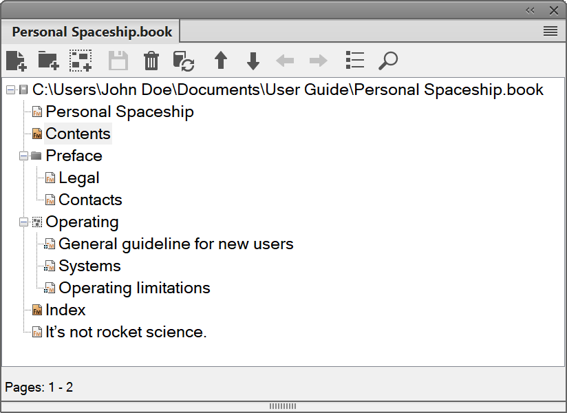 Screenshotof an Adobe FrameMaker book with option “Display Heading Text”