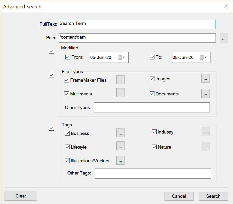 Adobe Experience Manager Advanced Search dialogin the Repository Manager