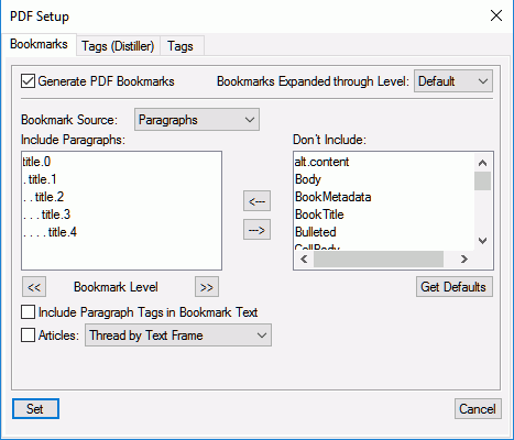 Customizing PDF bookmarks in Bookmarks tab ofthe PDF Setup dialog