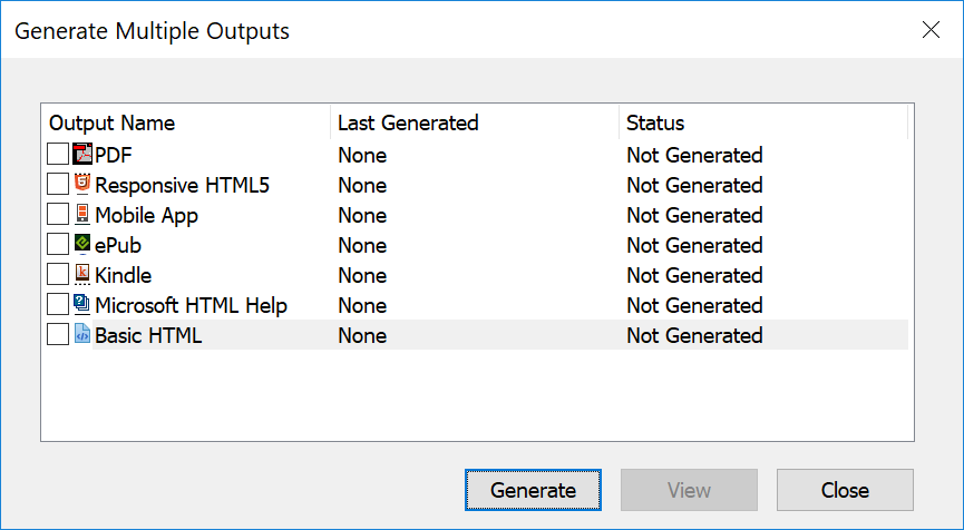 Generate Multiple Outputsdialog showing output formats available in Adobe FrameMaker