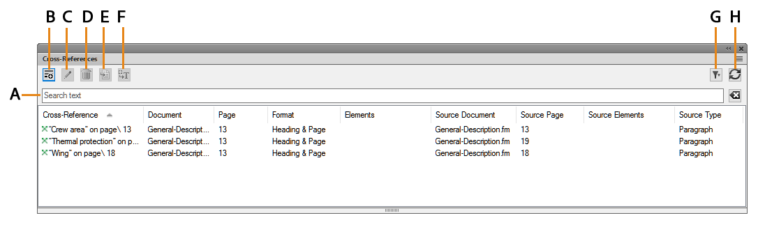 Cross-References panel in FrameMaker