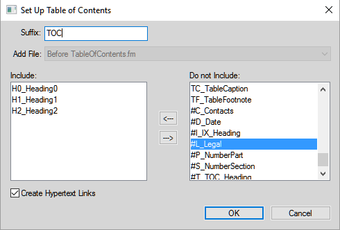 Setup Table ofContentsdialog box in FrameMaker