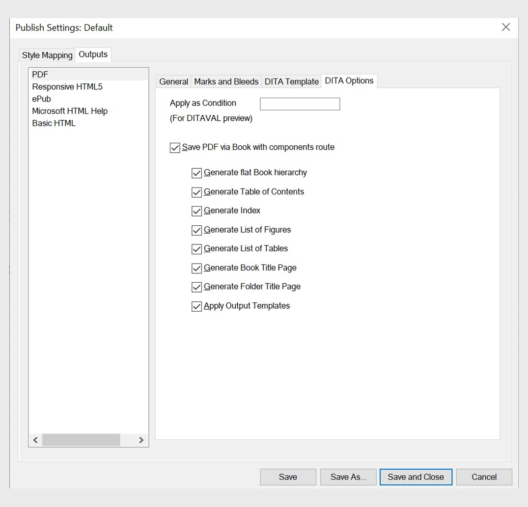 DITA OptionstabinPDF Output Options dialog