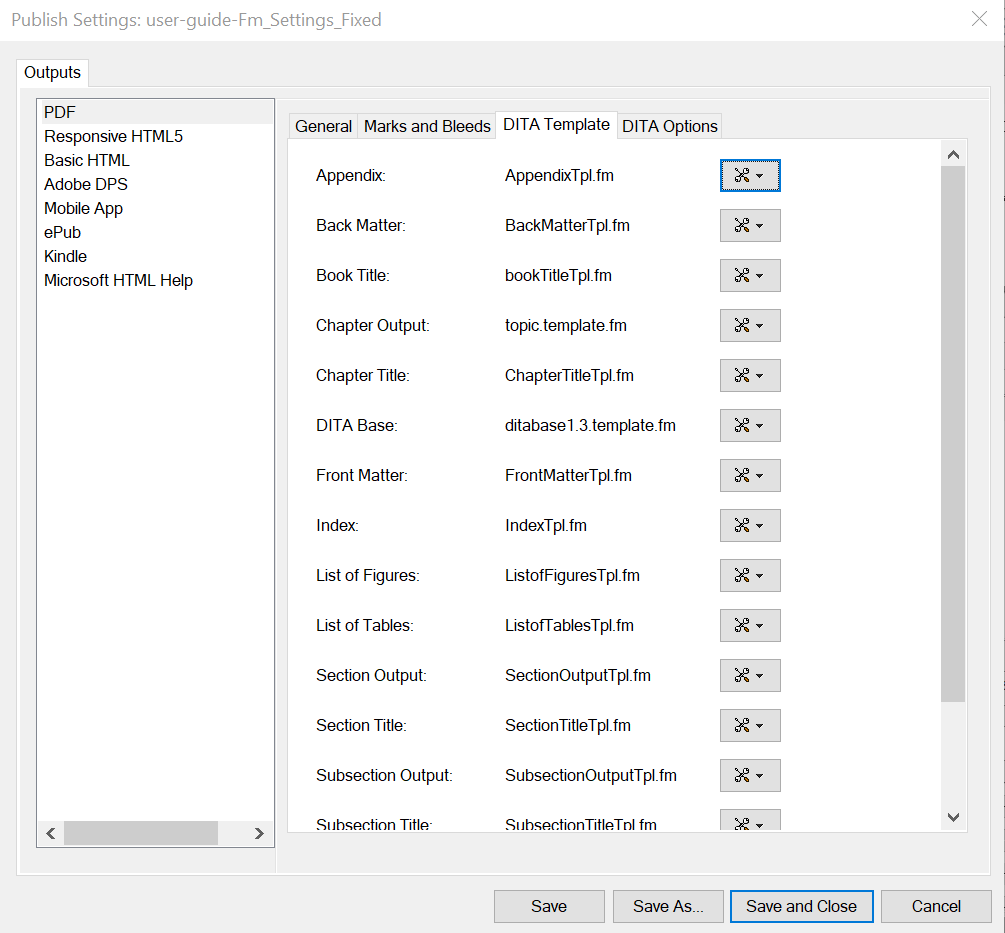 DITA TemplatetabinPDFOutputOptions dialog of Adobe FrameMaker