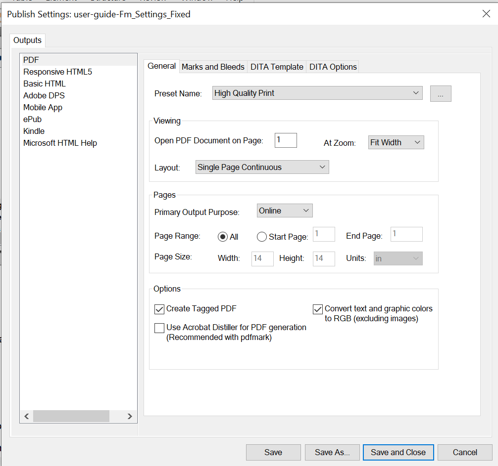 Updating generalsettingsinthePDFSetupdialog