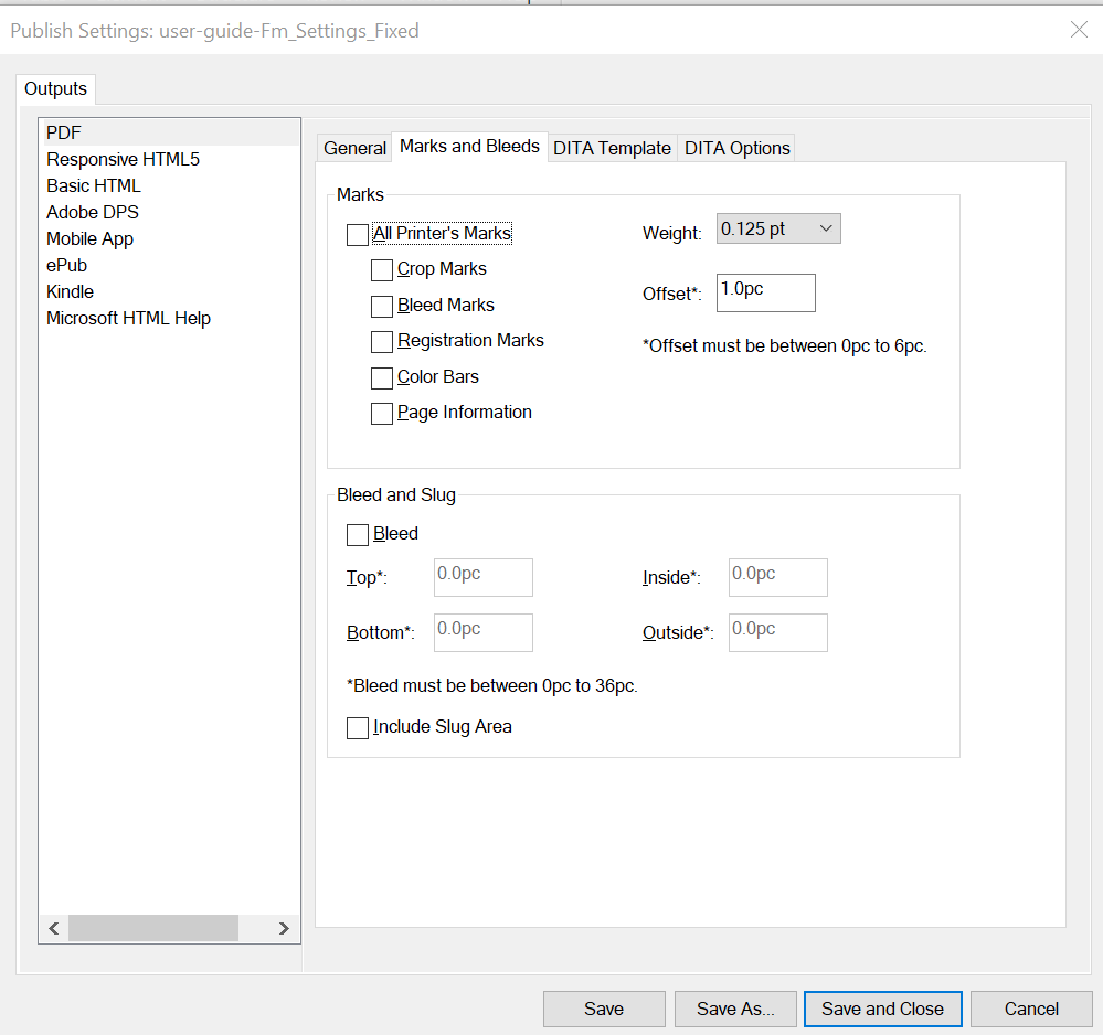 Marks and bleeds tab in PDFOutput Options dialog