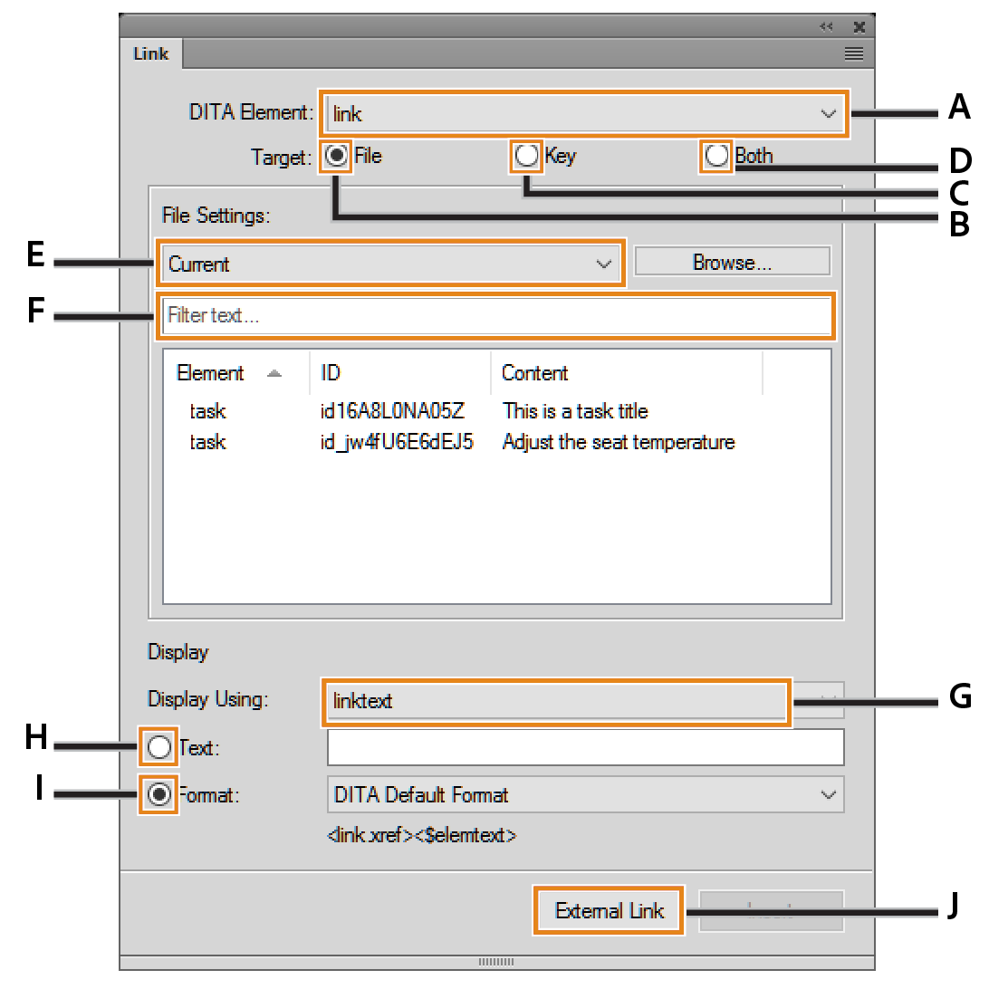 Using the DITALink dialog to insert a direct or indirect link to DITA content