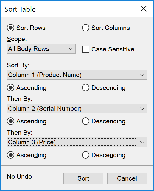 Sort Table dialog in Adobe FrameMaker