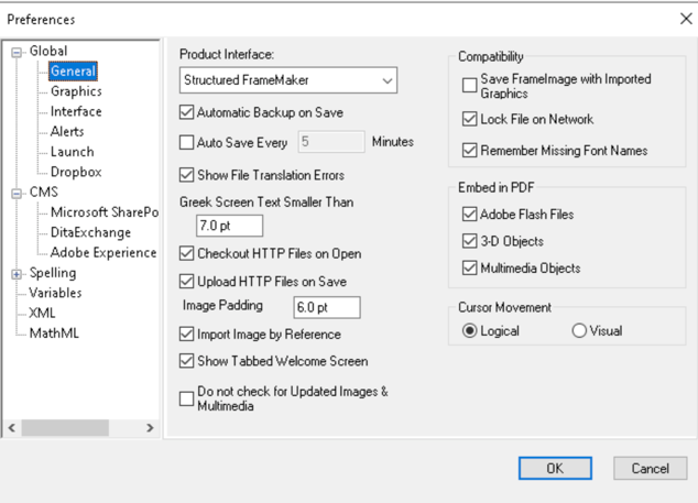 FrameMaker Preferences dialog