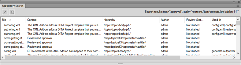 Repository Search panel displayingthefilename and details where the search term is found