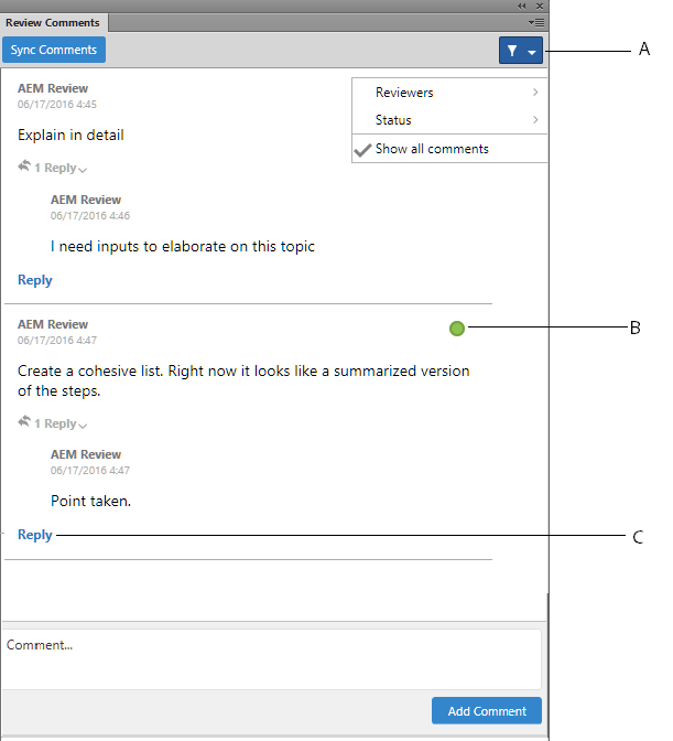 Review Comments dialog ofXML Documentation for Adobe Experience Manager