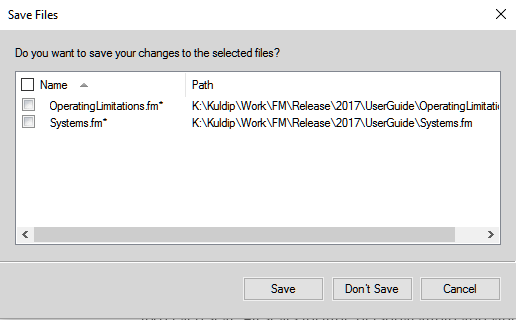 Save Filesdialogin FrameMaker