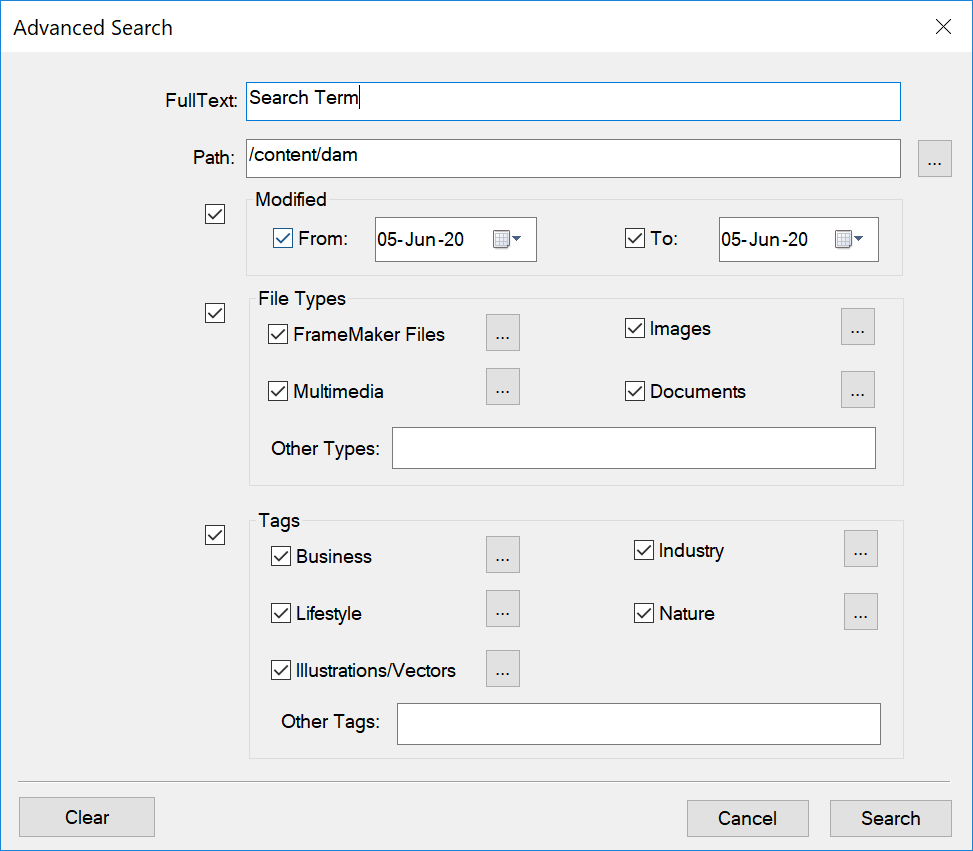 Adobe Experience Manager Advanced Search dialoginthe Repository Manager