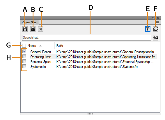 Open Filespanelin FrameMaker
