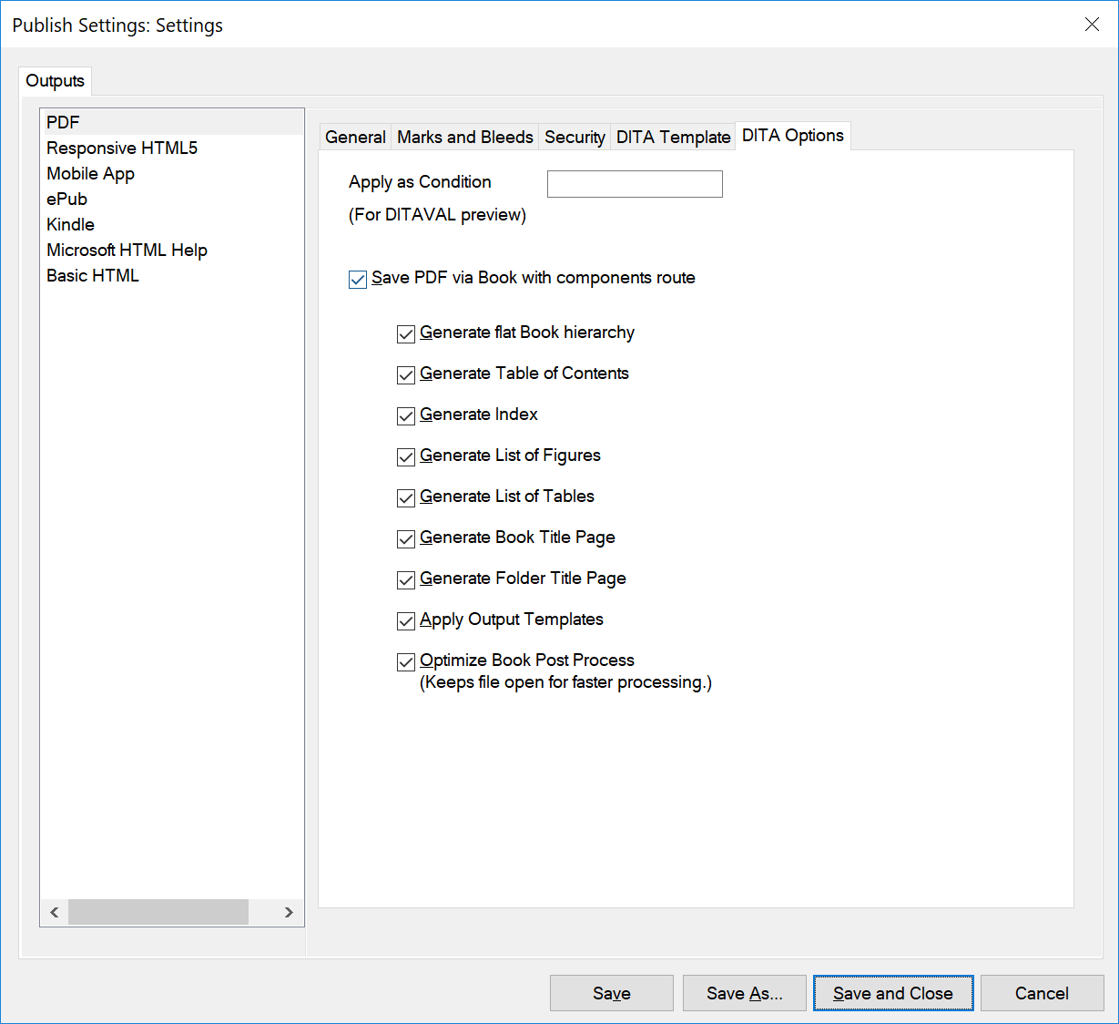 DITA Options tab in PDF Output Options dialog