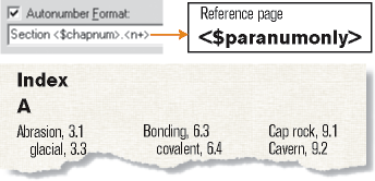 Building block for paragraph autonumbering usingsection numbers, and resulting index