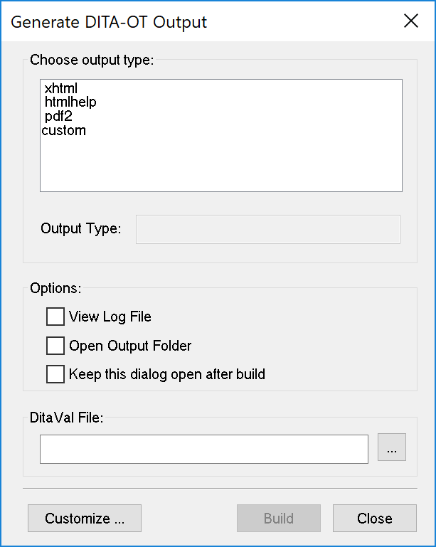 Generate DITA-OT Output dialog in FrameMaker