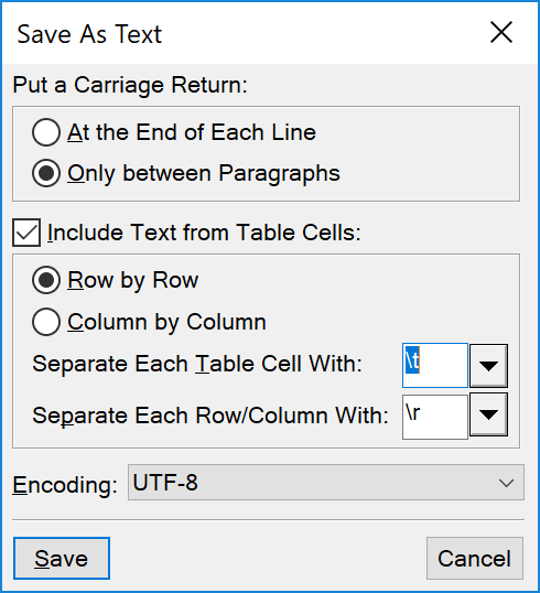 FrameMaker Save As Text dialog