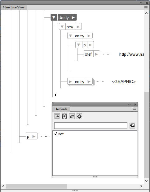 Structure View and Elements catalog displaying a valid row element in Adobe FrameMaker’s Elements Catalog