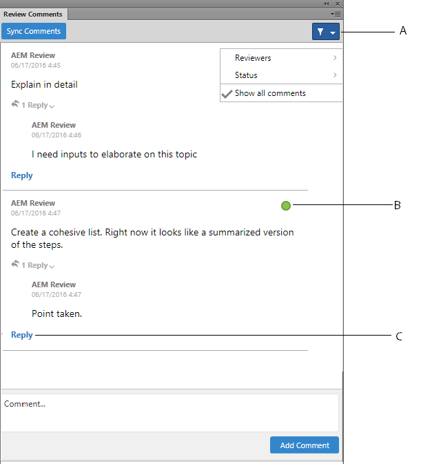 Review Comments dialog of XML Documentation for Adobe Experience Manager