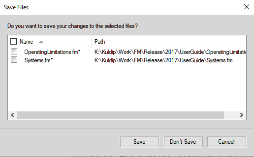 Save Files dialog in FrameMaker